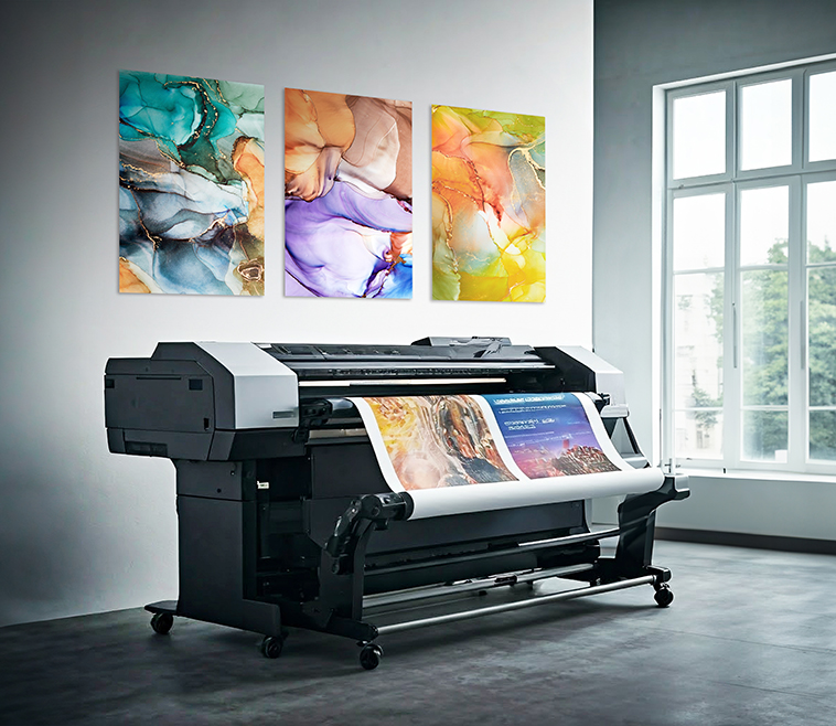 Printer with prints on wall